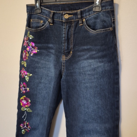 DG2 by DIANE GILMMAN Floral Sequin Dark Blue Jeans - 28 x 26 - Picture 3 of 10